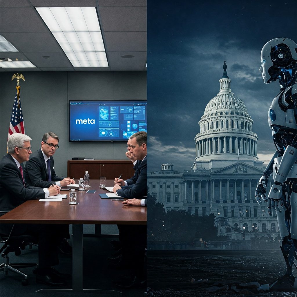 Ai Policy Updates A dramatic split-screen: one side with Meta and Google execs in a sleek boardroom, the other with a chaotic AI robot scene, framed by a U.S. Capitol silhouette. Why: Represents the lobbying clash between innovation and regulation risks.