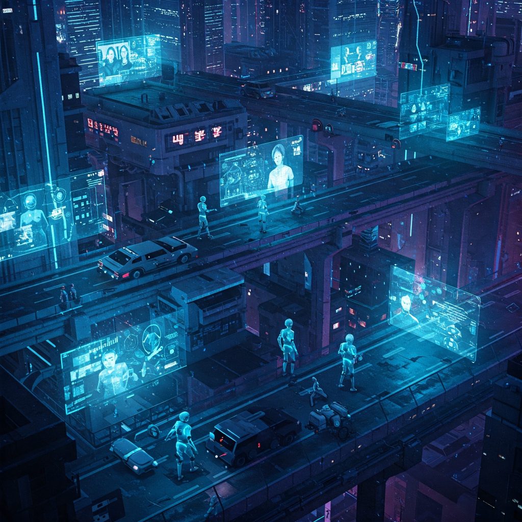 Futuristic cityscape showcasing AI technology trends 2025, with holograms and self-driving cars, highlighting advanced AI infrastructure